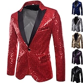 billiga Herrars klassiska kavajer-Herr Kavaj Prestanda Cocktailfest Punkmode Vår Höst Paljett Ensfärgat Ficka Skinande Enkelknäppt med Ett Knapphål Blazer Silver Svart Rubinrött Blå
