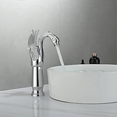 baratos Clássico-torneira misturadora de pia de banheiro vintage forma de cisne de latão, torneiras de lavatório monobloco alça única um furo montado no convés, mono torneira de vaso de água quente e fria mangueira retrô antigo