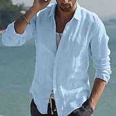 economico Vacanza-Per uomo Camicia camicia di lino Camicia estiva Abbigliamento mare Camicia con bottoni Tinta unica Da mare Curise Nero Bianco Rosa Blu marino Manica lunga Colletto Primavera estate Abbigliamento