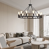 preiswerte Pendelleuchte-LED-Pendelleuchte Vintage-Kronleuchter aus lackiertem Metall, mit 6/8/10/12 Lichtern, rustikale Vintage-Bauernhaus-Kronleuchter-Beleuchtung, Kutschenrad-Anhänger, schwarz