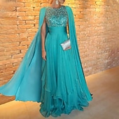 voordelige GROEN-A-Lijn Avondjurk Elegante Jurk Bruiloft Gast Bruiloft Feest Vloerlengte Korte Mouw Sierlijke Hals Capes Chiffon met Apllicaties Sjaal