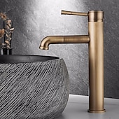 abordables Classiques-mitigeur d&#039;évier de salle de bain vintage haut, robinets de lavabo monobloc monocommande monté sur pont antique, avec tuyau d&#039;eau chaude et froide robinets d&#039;eau rétro laiton noir