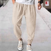 baratos Clássico-Homens Corredor Calças de linho Calças Calça verão Com Cordão Cintura elástica Tecido Conforto Respirável Diário Praia Moda Roupa de rua ダークカーキ Preto Micro-Elástica