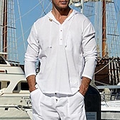 economico Vacanza-Per uomo Camicia Camicia in lino e cotone Camicia in cotone bianco Camicia estiva Maglietta informale Camicia da spiaggia Liscio Informale Giornaliero Bianco Blu Verde Manica lunga Con cappuccio