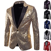 billiga Herrars klassiska kavajer-Herr Kavaj Prestanda Cocktailfest Punkmode Vår Höst Paljett Ensfärgat Ficka Skinande Enkelknäppt med Ett Knapphål Blazer Silver Svart Rubinrött Blå