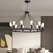 preiswerte Pendelleuchte-LED-Pendelleuchte Vintage-Kronleuchter aus lackiertem Metall, mit 6/8/10/12 Lichtern, rustikale Vintage-Bauernhaus-Kronleuchter-Beleuchtung, Kutschenrad-Anhänger, schwarz