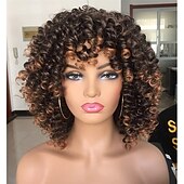tanie Peruki najwyższej jakości-krótkie kręcone peruki dla czarnych kobiet z grzywką duże sprężyste puszyste perwersyjne kręcone peruki odporne na ciepło miękkie syntetyczne 2 odcienie ombre najciemniejszy brąz krótkie kręcone afro