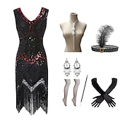 billige 1920-talls kjoler-De livlige 20-årene 1920-tallet Cocktail Kjole Knelengde Flapper kjole Kjoler Drakter Ermeløs Den store Gatsby Charleston Store størrelser Dusk Fjær V-hals Kostyme Dame Karneval Nytt År Maskerade