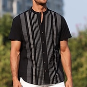 cheap Street-Men&#039;s Cotton Linen Shirt Chinese Collar Shirt Mandarin Collar Shirt Summer Shirt Casual Shirt Beach Shirt Stripe Vacation Casual Black White Light Blue Short Sleeve Grandad Collar Summer Clothing