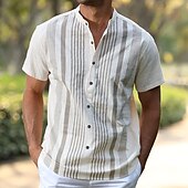 cheap Street-Men&#039;s Cotton Linen Shirt Chinese Collar Shirt Mandarin Collar Shirt Summer Shirt Casual Shirt Beach Shirt Stripe Vacation Casual Black White Light Blue Short Sleeve Grandad Collar Summer Clothing