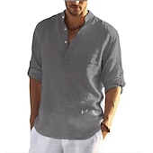 preiswerte Klassiker-Herren Hemd leinenhemd Hemd mit Stehkragen Popover-Shirt Sommerhemd Strandbekleidung Feste Farbe Hawaiianisch Festtage Schwarz Weiß Gelb Rosa Langarm Henley Sommer Frühling Bekleidung Button-Down