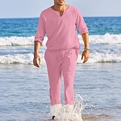 abordables Conjuntos de camisas básicas para hombre-Hombre Camisa de lino de algodón Camisa de algodón blanca 2 Piezas Conjunto de camisa Abotonar la camisa Camisa de verano Negro Blanco Rosa Manga Larga Plano Escote en Pico Primavera verano Exterior