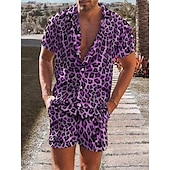 preiswerte Bedruckte Hemden-Sets für Herren-Herren Leopard 2St Hemden-Sets Sommer Hawaiihemd Kurzarm Kurze Hosen Umlegekragen Tropisch Mode Hawaiianisch Lässig Ferien Strand Druck Sommer Frühling Blau Purpur Braun