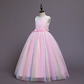 preiswerte Kleider für die Blumenmädchen-kinderkleidung Mädchen Blumenmädchen Kleid Kleid Ärmellos Hochzeit Party Spitze Gitter Kuschelig Polyester Maxi Blumenmädchenkleid Buntes Lila Farbpulver Weiß