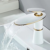 abordables Classiques-cascade salle de bain évier mitigeur rond, robinets de lavabo monocommande salle de bain avec tuyau d&#039;eau chaude et froide monobloc vasque eau laiton robinet monté sur pont