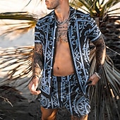 billiga Set med tryckta skjortor för män-Herr 3D-utskrift 2st Skjortor Set Hawaii skjorta Kortärmad Korta byxor Nedvikt Mode Hawaiisk Designer Utomhus Semester Strand 3D-utskrift Button-Down Sommar Vår Svart Blå Purpur
