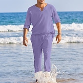 abordables Conjuntos de camisas básicas para hombre-Hombre Camisa de lino de algodón Camisa de algodón blanca 2 Piezas Conjunto de camisa Abotonar la camisa Camisa de verano Negro Blanco Rosa Manga Larga Plano Escote en Pico Primavera verano Exterior