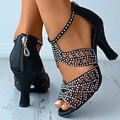 cheap Dress Sandals-Women&#039;s Black Rhinestone Strappy High Heel Sandals with Cut-Out Design for Dance and Evening Wear