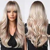 economico Parrucche trendy sintetiche-parrucche ondulate rosse lunghe ombre rosa per le donne parrucche ricci rosa nere con frangia parrucca cosplay radici scure parrucche sintetiche senza colla per l&#039;uso quotidiano delle feste