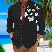 billiga Fåglar &amp; Djur-Herr Fjäril Skjorta Hawaii skjorta Aloha skjorta Långärmad Skjorta Hög krage Mode Designer Ledigt Utomhus Semester Gata Svart Vit + Svart Vit S M L
