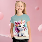 billige Jentes 3D-tegneserie-Jente 3D Grafisk Tegneserie enhjørning T skjorte T-skjorte Kortermet 3D-utskrift Sommer Vår Aktiv Mote søt stil Polyester Barn 3-12 år utendørs Avslappet Daglig Normal