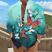 billiga Fåglar &amp; Djur-Herr Fjäril Skjorta Hawaii skjorta Aloha skjorta Långärmad Skjorta Hög krage Mode Designer Ledigt Utomhus Semester Gata Blågrön Rubinrött Blå S M L