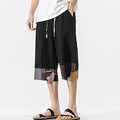 cheap Home-Men&#039;s Linen Shorts Capri Pants Patchwork Drawstring Elastic Waist Plain Comfort Breathable Outdoor Daily Going out Linen / Cotton Blend Fashion Casual Black Dark Blue