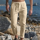 cheap Holiday-Men&#039;s Linen Pants Trousers Summer Pants Pocket Drawstring Plain Comfort Breathable Ankle-Length Casual Daily Going out Simple Casual Black White Micro-elastic