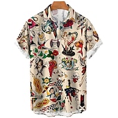 billiga Retro Vintage Print-Herr Blommig Sjöjungfru Pirat Skjorta Hawaii skjorta Aloha skjorta Kort ärm Skjorta Nedvikt Vintage Tropisk Mode Gata Ledigt Hawaiisk Aprikos Svart Gul S M L