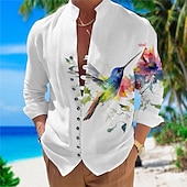 preiswerte Vögel &amp; Tiere-Herren Blumen Vogel Grafik-Drucke Hemd Langarm Hemd Ständer Outdoor Urlaub Blau Purpur Grün Bedruckt Bekleidung Modisch Designer Brautkleider schlicht Komfortabel