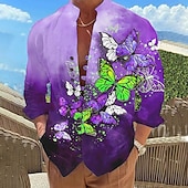 billiga Fåglar &amp; Djur-Herr Fjäril Skjorta Hawaii skjorta Aloha skjorta Långärmad Skjorta Hög krage Mode Designer Ledigt Utomhus Semester Gata Blågrön Rubinrött Blå S M L