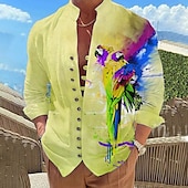 billiga Fåglar &amp; Djur-Herr Papegoja Skjorta Hawaii skjorta Aloha skjorta Långärmad Skjorta Hög krage Mode Designer Ledigt Utomhus Semester Gata Gul Blå Purpur S M L