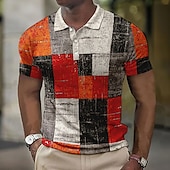 cheap Men&#039;s Color Block Polo-Men&#039;s Plaid Waffle Polo Shirts Golf Shirt Short Sleeve Polo Shirts Collared Shirts Vintage Casual Vacation Wear Formal Wear Festival Wear Buttons 3D Print Light Yellow Crystal / Orange Yellow