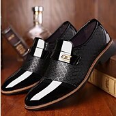 cheap Men&#039;s Slip-ons &amp; Loafers-Men’s Black Patent Faux Leather Loafers with Textured Scale Pattern and Metal Buckle, Elegant Slip-On Dress Shoes for Weddings, Business and Formal Events