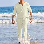 abordables Conjuntos de camisas básicas para hombre-Hombre Camisa de lino de algodón Camisa de algodón blanca 2 Piezas Conjunto de camisa Abotonar la camisa Camisa de verano Negro Blanco Rosa Manga Larga Plano Escote en Pico Primavera verano Exterior