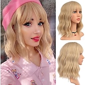 billige Syntetiske trendy parykker-syntetisk parykk bølget bob nett bang parykk middels lang blondt syntetisk hår kvinners blonde svarte burgunder barbiecore parykker