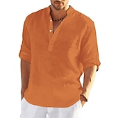 preiswerte Klassiker-Herren Hemd leinenhemd Hemd mit Stehkragen Popover-Shirt Sommerhemd Strandbekleidung Feste Farbe Hawaiianisch Festtage Schwarz Weiß Gelb Rosa Langarm Henley Sommer Frühling Bekleidung Button-Down