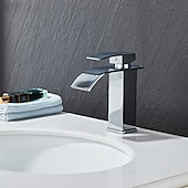 お買い得  クラシカル-ウォーターフォールバスルームシンクミキサー蛇口、洗面所モノ洗面台タップシングルハンドルデッキマウントクロームブラックブラッシュ仕上げ、冷温ホース付きモノブロック水栓