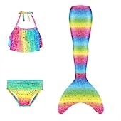 voordelige Zeemeermin badpak-Kinderen Voor meisjes Drie stuk Zeemeermin zwemkleding Badmode Bikini Strand Zwemmen Afdrukken Actief leuke Style Badpakken 4-12 jaar Zomer Rose paars Polkadot