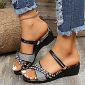economico Sandali Casual-sandali con zeppa neri da donna – scarpe slip-on con cinturini e strass scintillanti per l&#039;estate, abbigliamento casual e da festa