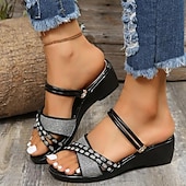 economico Sandali Casual-sandali con zeppa neri da donna – scarpe slip-on con cinturini e strass scintillanti per l&#039;estate, abbigliamento casual e da festa