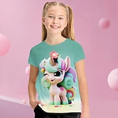 billige Jentes 3D-tegneserie-Jente 3D Grafisk Tegneserie enhjørning T skjorte T-skjorte Kortermet 3D-utskrift Sommer Vår Aktiv Mote søt stil Polyester Barn 3-12 år utendørs Avslappet Daglig Normal