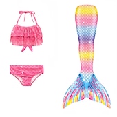 voordelige Zeemeermin badpak-Kinderen Voor meisjes Drie stuk Zeemeermin zwemkleding Badmode Bikini Strand Zwemmen Afdrukken Actief leuke Style Badpakken 4-12 jaar Zomer Rose paars Polkadot