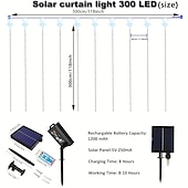 abordables Guirlandes solaires-3*3m 300 led solaire rideau lumière extérieure télécommande lumière 8 modes d&#039;éclairage guirlandes ip65 étanche fil de cuir lumières fête de noël mariage maison chambre jardin décoration murale