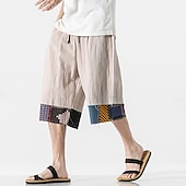 cheap Home-Men&#039;s Linen Shorts Capri Pants Patchwork Drawstring Elastic Waist Plain Comfort Breathable Outdoor Daily Going out Linen / Cotton Blend Fashion Casual Black Dark Blue