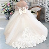 cheap Flower Girl&#039;s Dresses-Kids Girls&#039; Flower Girl Dress Party Dress Solid Color Long Sleeve Performance Wedding Party Mesh Princess Sweet Mesh Mid-Calf Sheath Dress Tulle Dress Summer Spring Fall 2-12 Years 4-12 Years White