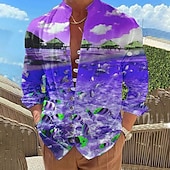 olcso Ocean Print-Férfi Grafikai nyomatok Halak Tengerpart Ing Hosszú ujj Ing Állógallér Szabadtéri Vakáció Rubin Medence Bíbor Lóhere Nyomtatott Ruházat Divat Dizájn Alkalmi Kényelmes