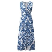 cheap Vacation Dresses-Women&#039;s Casual Dress Swing Dress Long Dress Maxi Dress Blue Light Green Fuchsia Sleeveless Floral Print Spring Summer V Neck 2023 S M L XL XXL