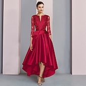 abordables Longueur du thé-Robe de Mère de la Mariée A-Ligne Invité de Mariage Formelle Élégant Fête Haute Basse Col Échancré Asymétrique Longueur Thé Satin Dentelle Manche 3/4 avec Noeud(s) Plis taille sur mesure gratuite