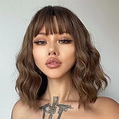 billige Syntetiske trendy parykker-syntetisk parykk bølget bob nett bang parykk middels lang blondt syntetisk hår kvinners blonde svarte burgunder barbiecore parykker